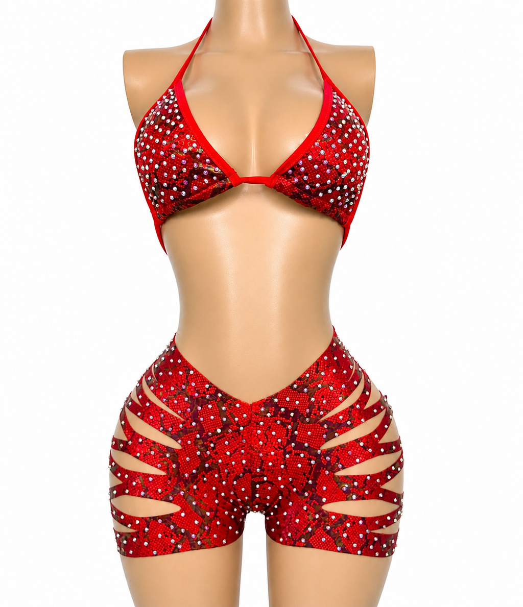 Red Snake Skin Shorts Set