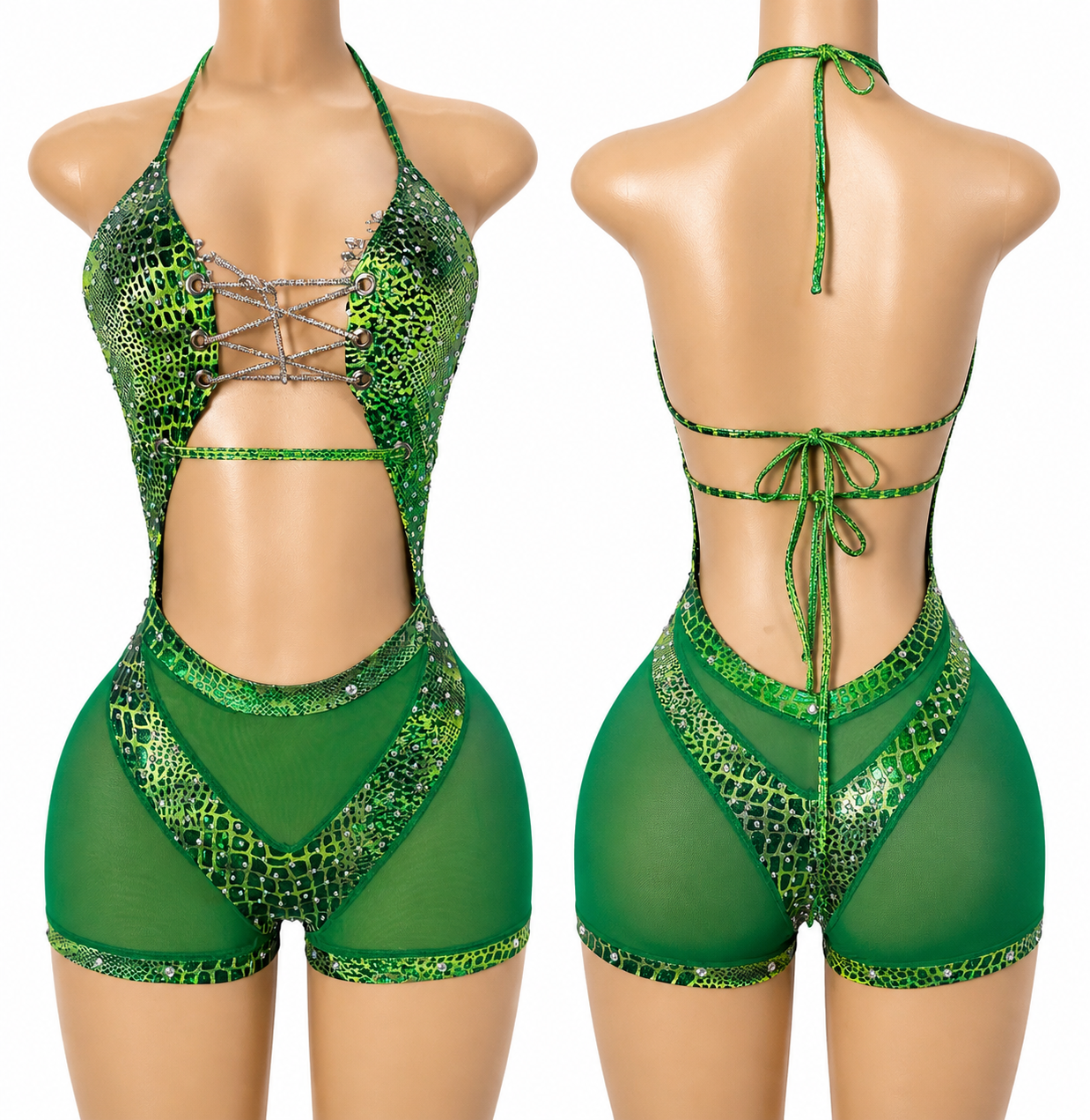 Cici Green Snake Shorts Romper